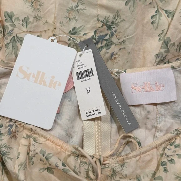 SELKIE Anthropologie NWT Medium Romantic Floral Mini Dress Ruched Spring Summer - Picture 3 of 10